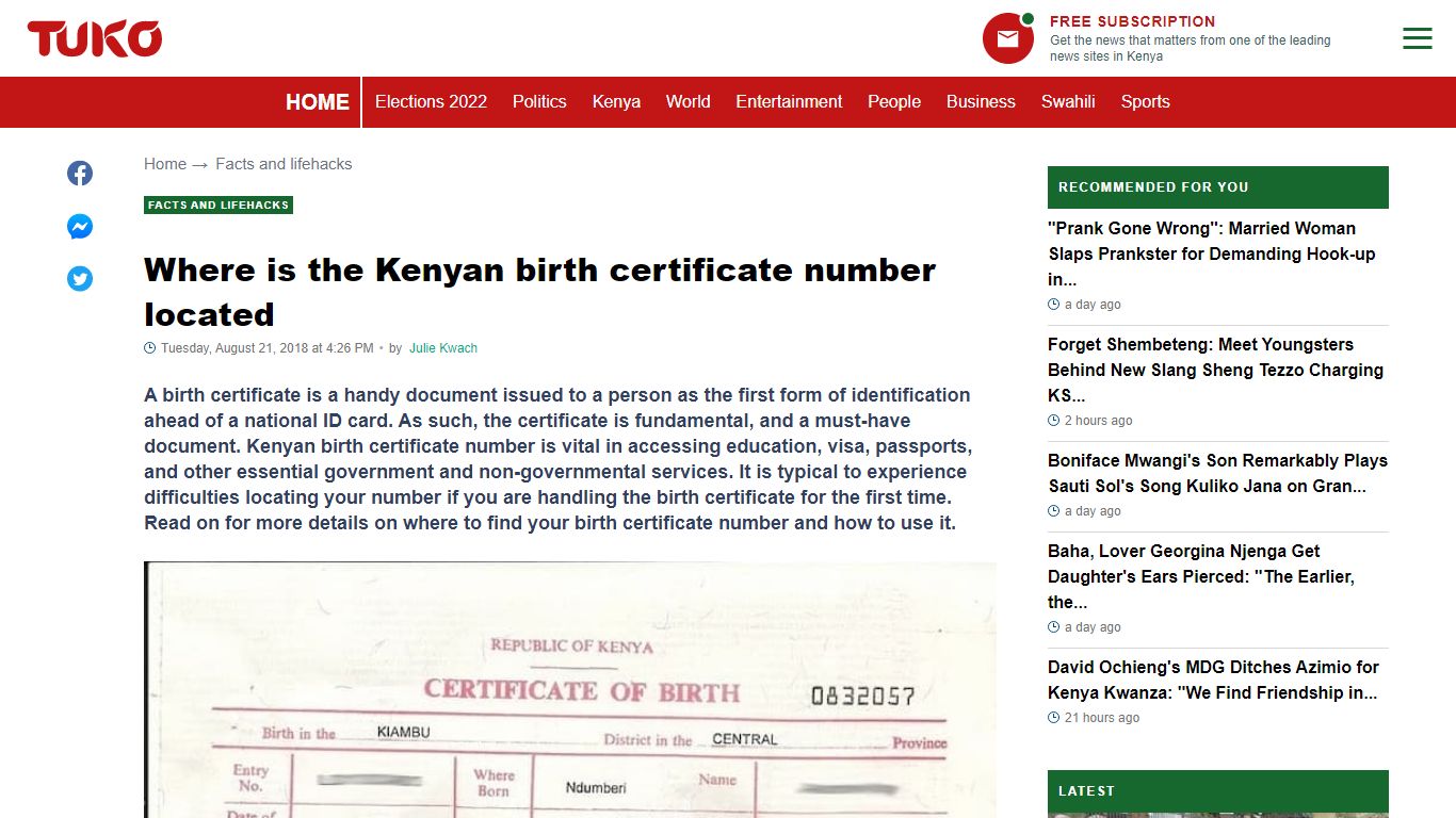 Where is the Kenyan birth certificate number located - TUKO